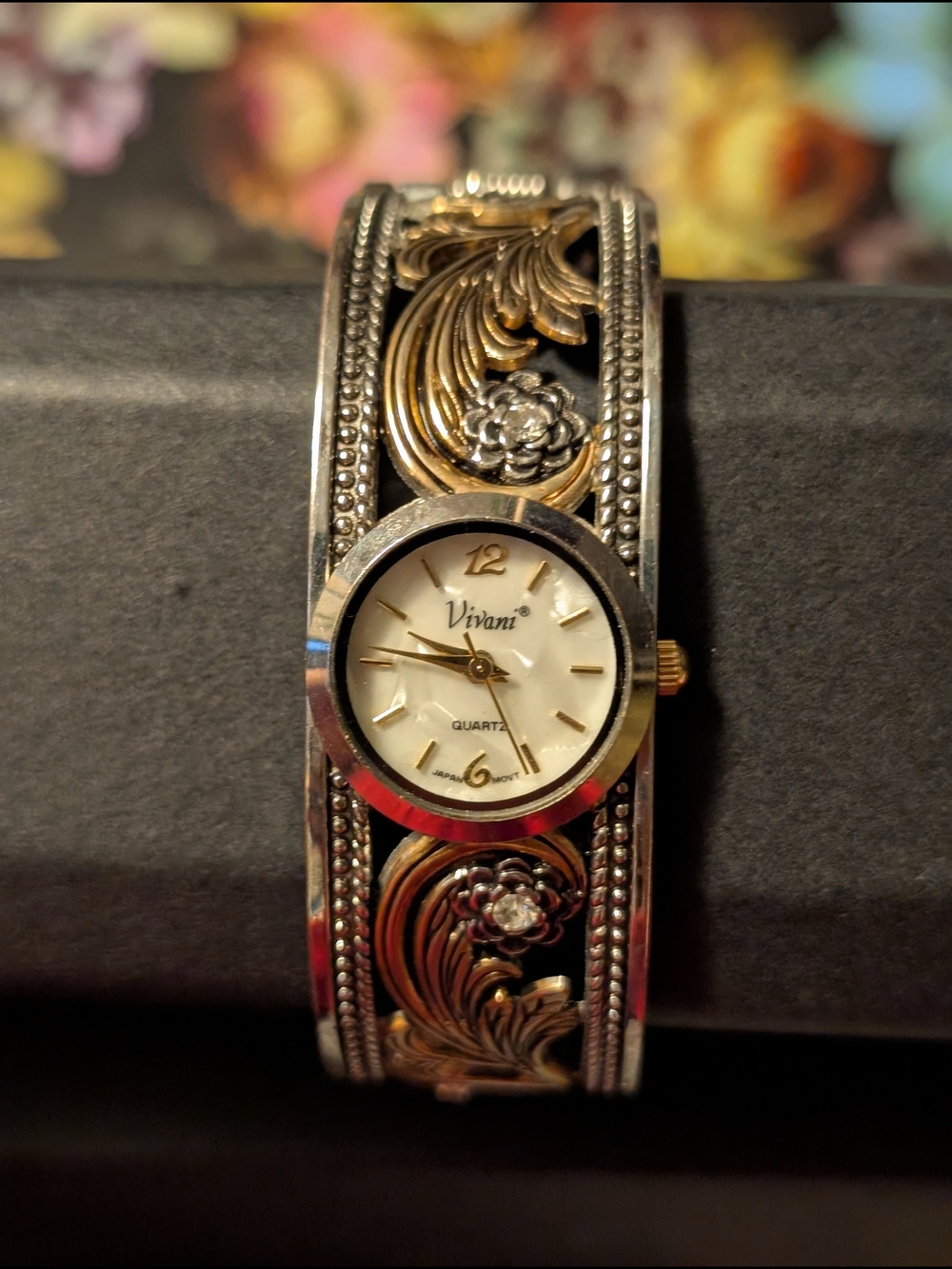 Gold and Silver Vivani Floral Bangle Watch